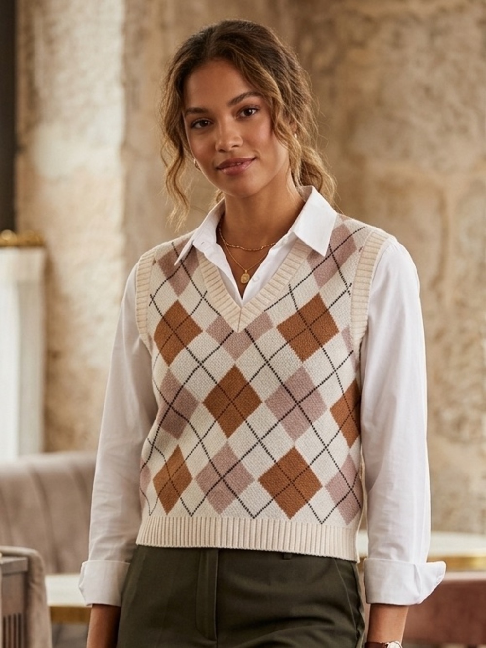 Hyrpels Cream Argyle V-Neck Sweater Vest Beige Tan Preppy Academia